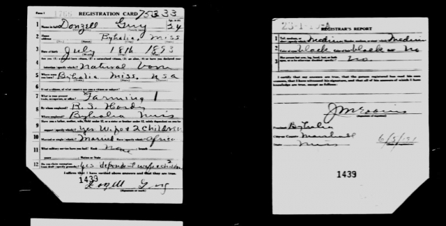U.S., World War I Draft Registration Cards, 1917-1918 Record for Donzell Guy