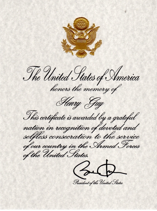 Henry Guys Presidential Memorial Certificate
