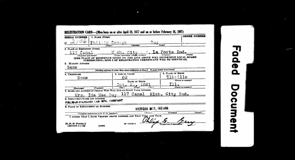 U.S., World War II Draft Registration Cards, 1942 for Phillip George Guy