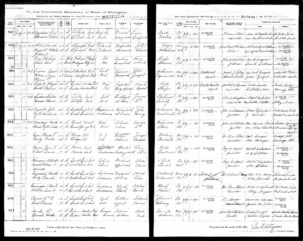 Michigan, Marriage Records, 1867-1952 for Phillip Guy