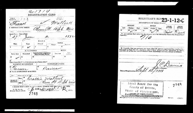 U.S., World War I Draft Registration Cards, 1917-1918 for Frank Matlock