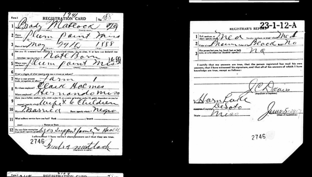 U.S., World War I Draft Registration Cards, 1917-1918 for Brady Matlock Sr.