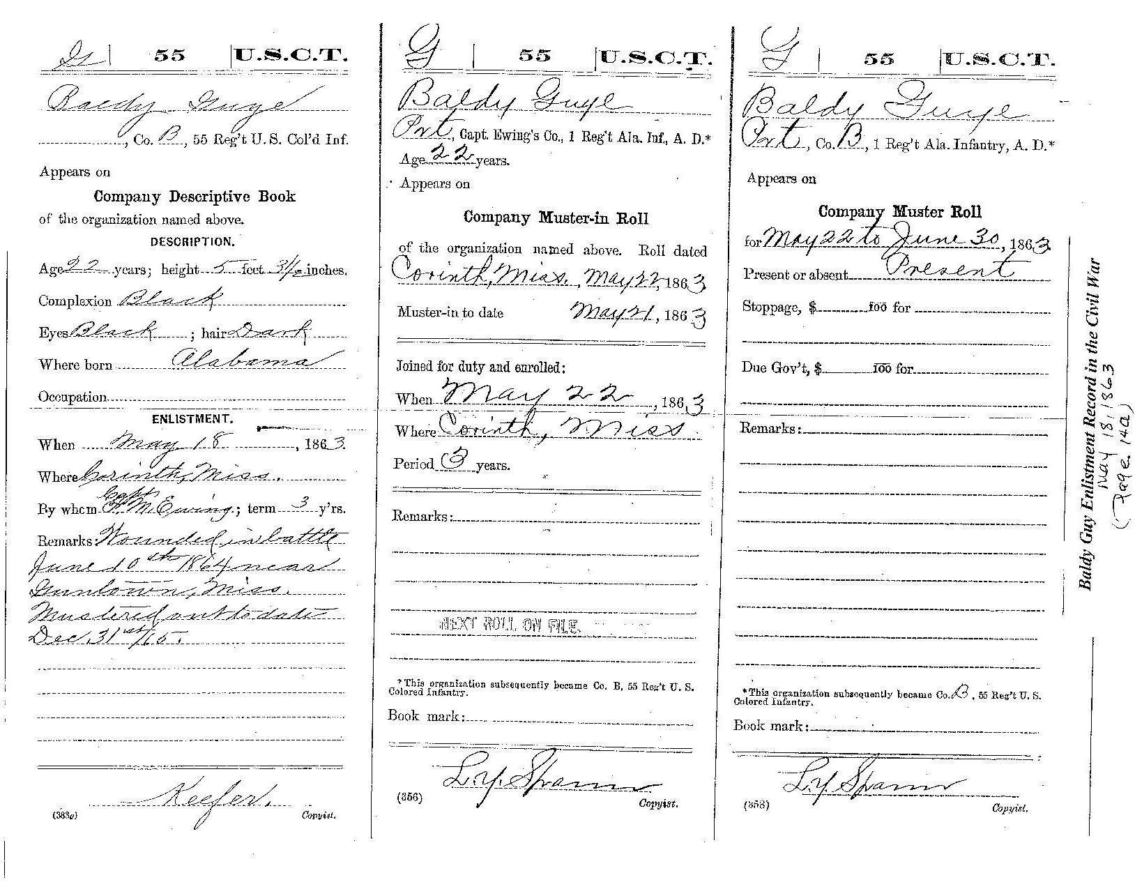 Baldy Guy's Enlistment Record in the Civil War May 18, 1863