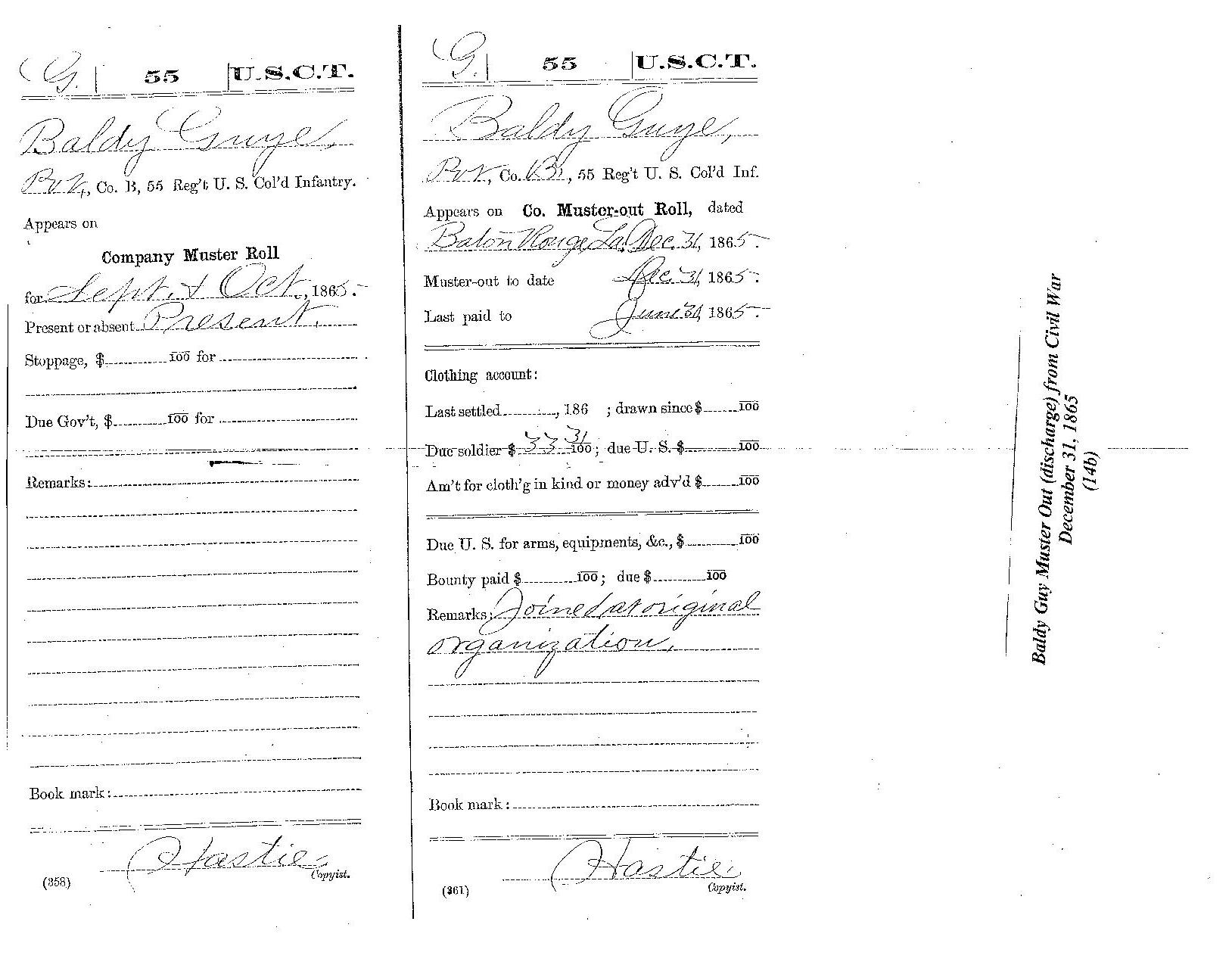 Baldy Guy's Muster Out (discharge) from Civil War December 31, 1865
