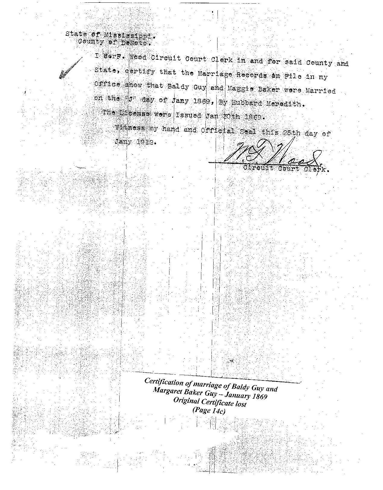 Certification of marriage of Baldy Guy and Margaret Baker-Guy January 30, 1869 