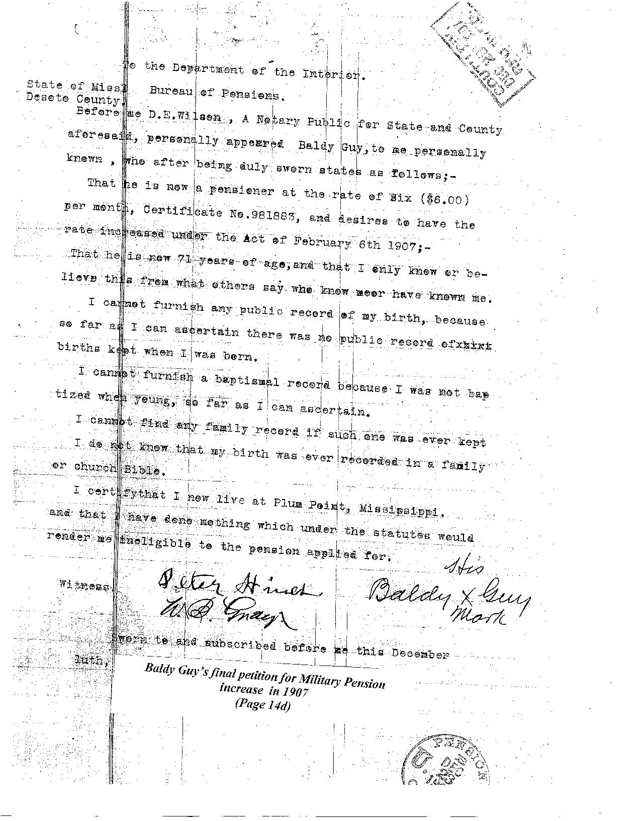 Baldy Guy's final petition for Military Pension increase on December 23, 1907