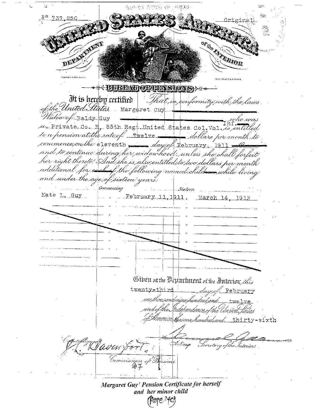 Margaret Norton-Guy's Pension Certificate for herself and her minor child Kate Lou Guy