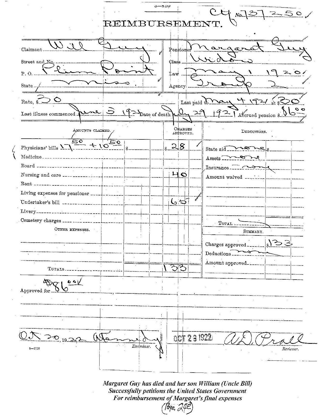 Margaret Norton-Guy has died and her son William (Uncle Bill) successfully petitions the United States Government for reimbursement of Margaret's final expenses