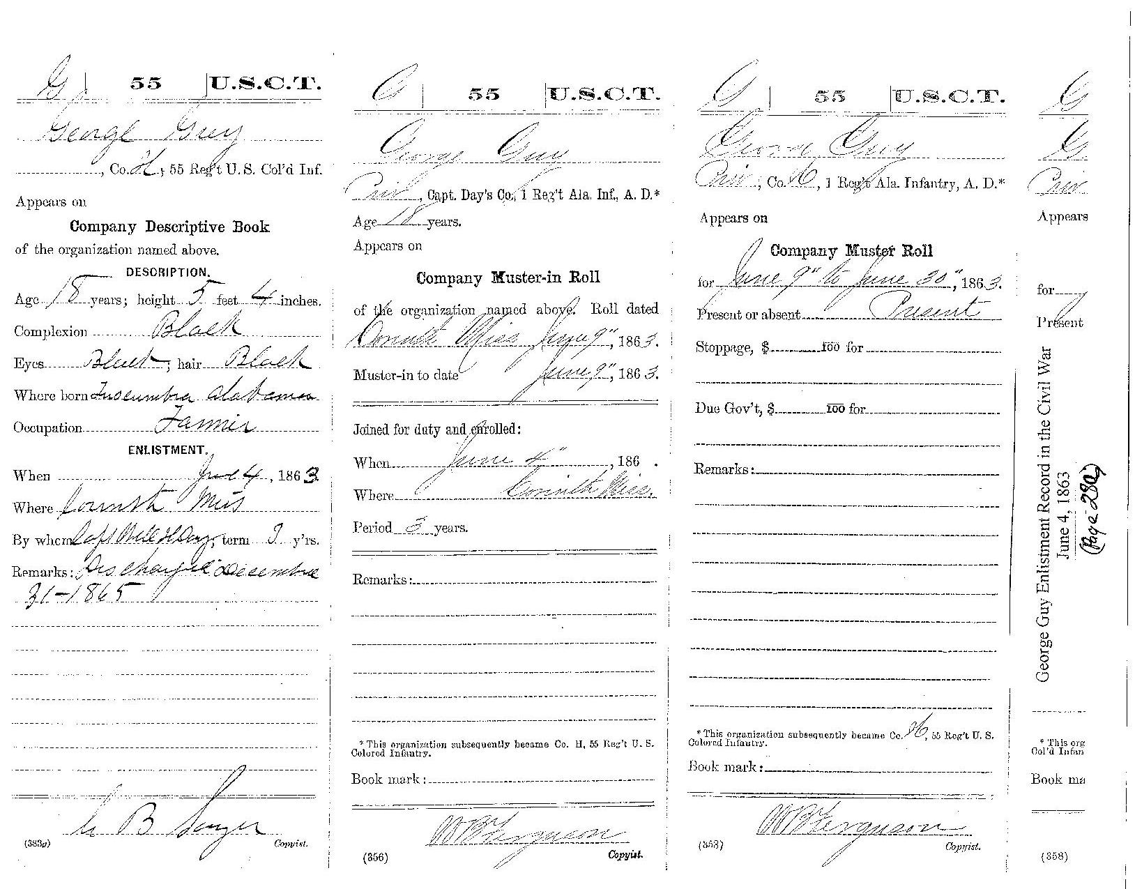 George Guy's Enlistment Record in the Civil War June 4, 1863
