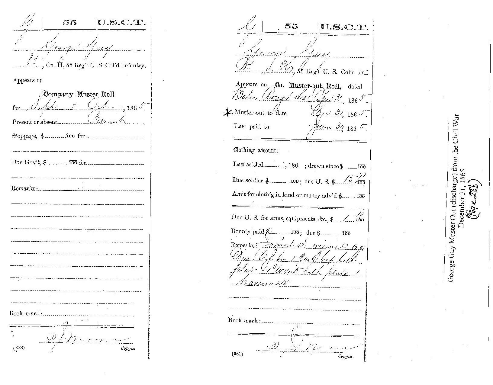 George Guy's Muster Out (discharge) from the Civil War December 31, 1865