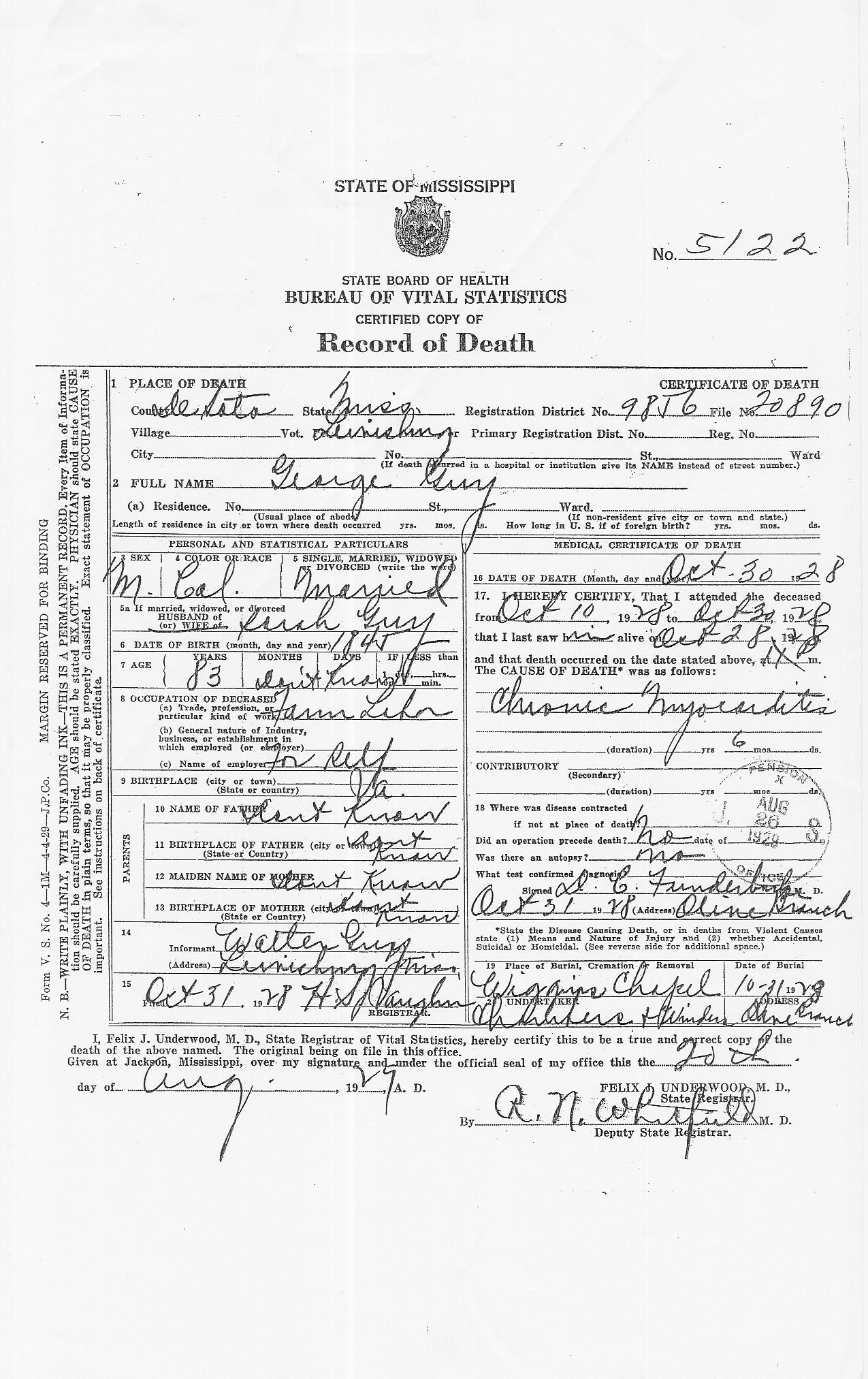 George Guy's Death Certificate