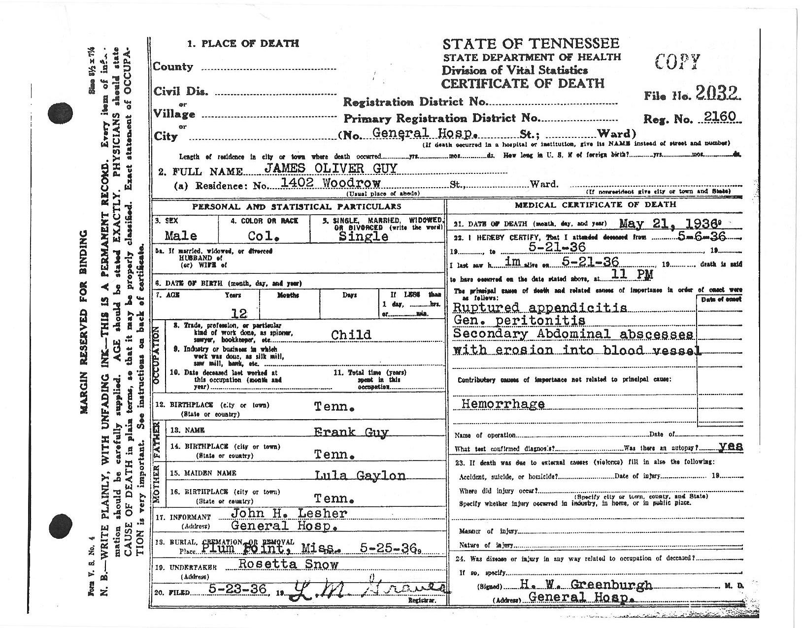 James Oliver (Buddy) Guy's Death Certificate.