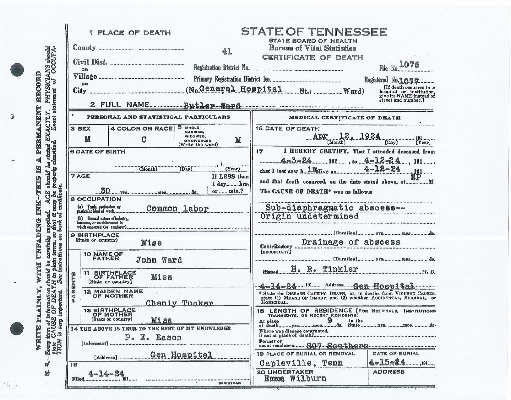 Bulter Ward's Death Certificate.