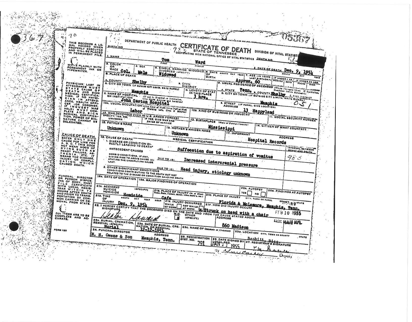 Thomas (Tom) Ward's Death certificate.