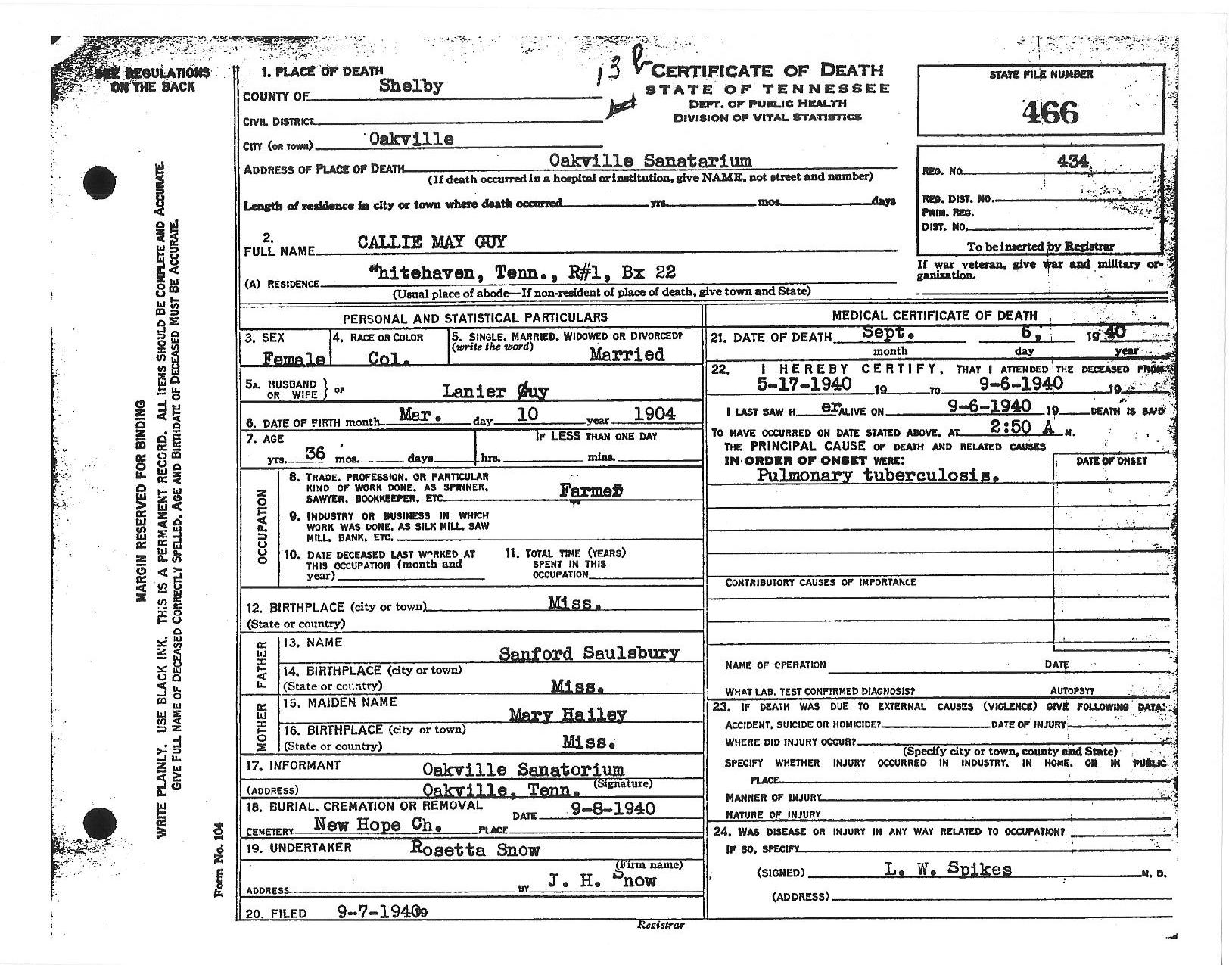 Callie May Saulsberry Guy's Death certificate