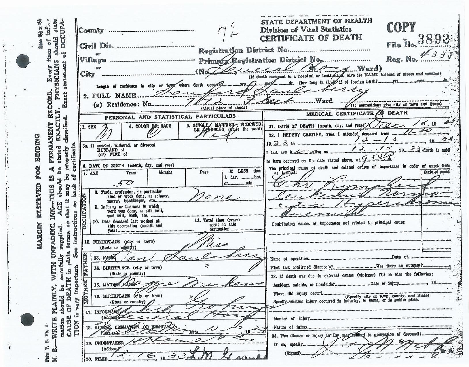 Sanford Saulsberry Sr's Death Certificate
