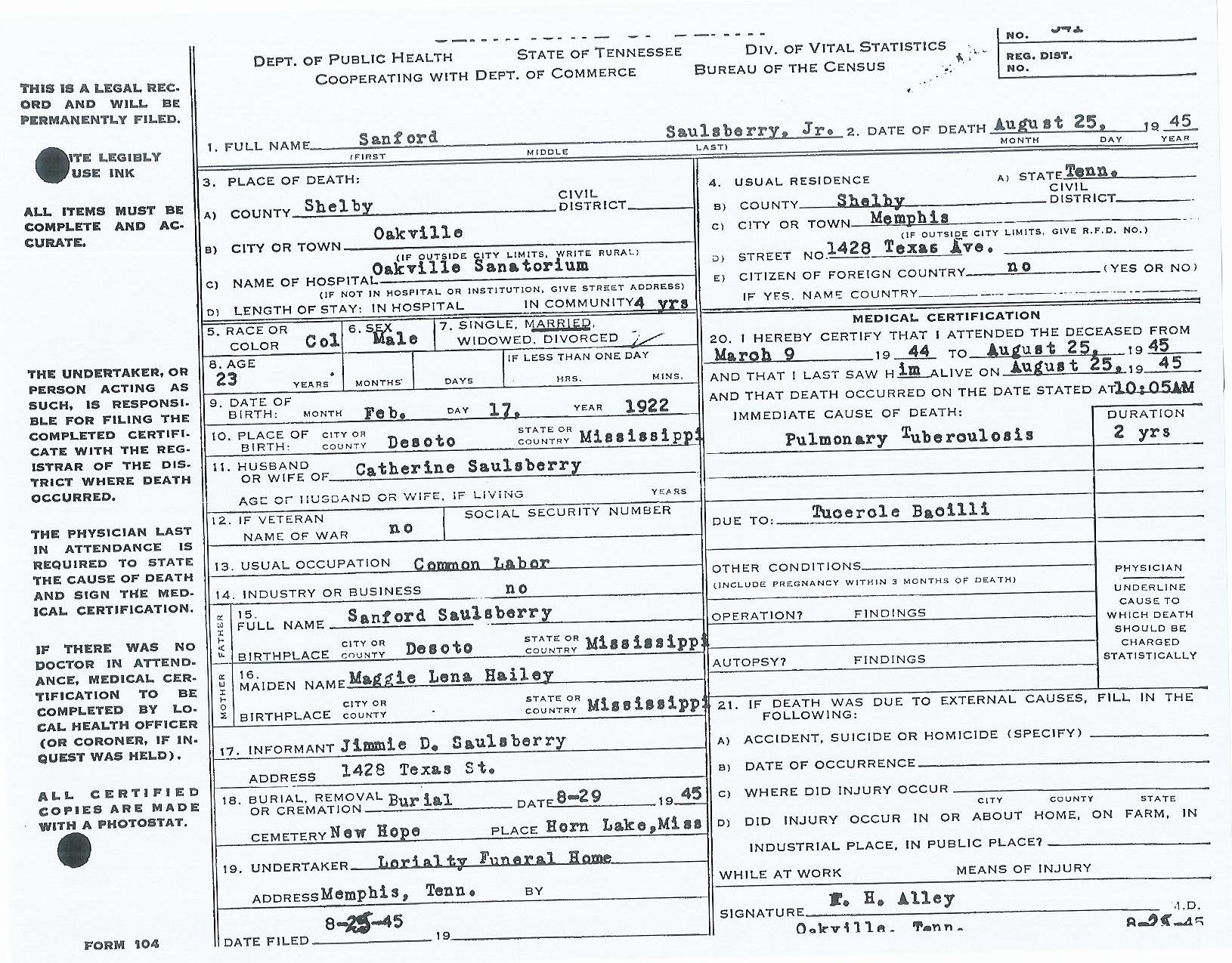 Sanford Saulsberry Jr's Death Certificate