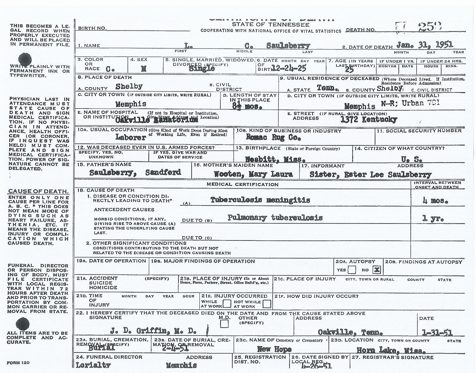 L. C. Saulsberry's Death Certificate