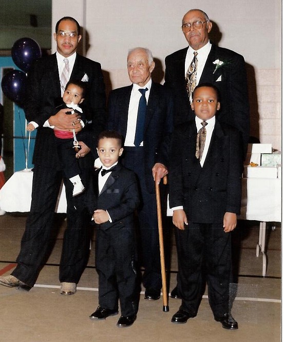 Frank Guy Sr. with son Frank Guy Jr. great-grandson Darin (Pookie) Leake and great-great-grandsons Mario Ivy IV., D.J. Leake & Desmond Leake in 1990