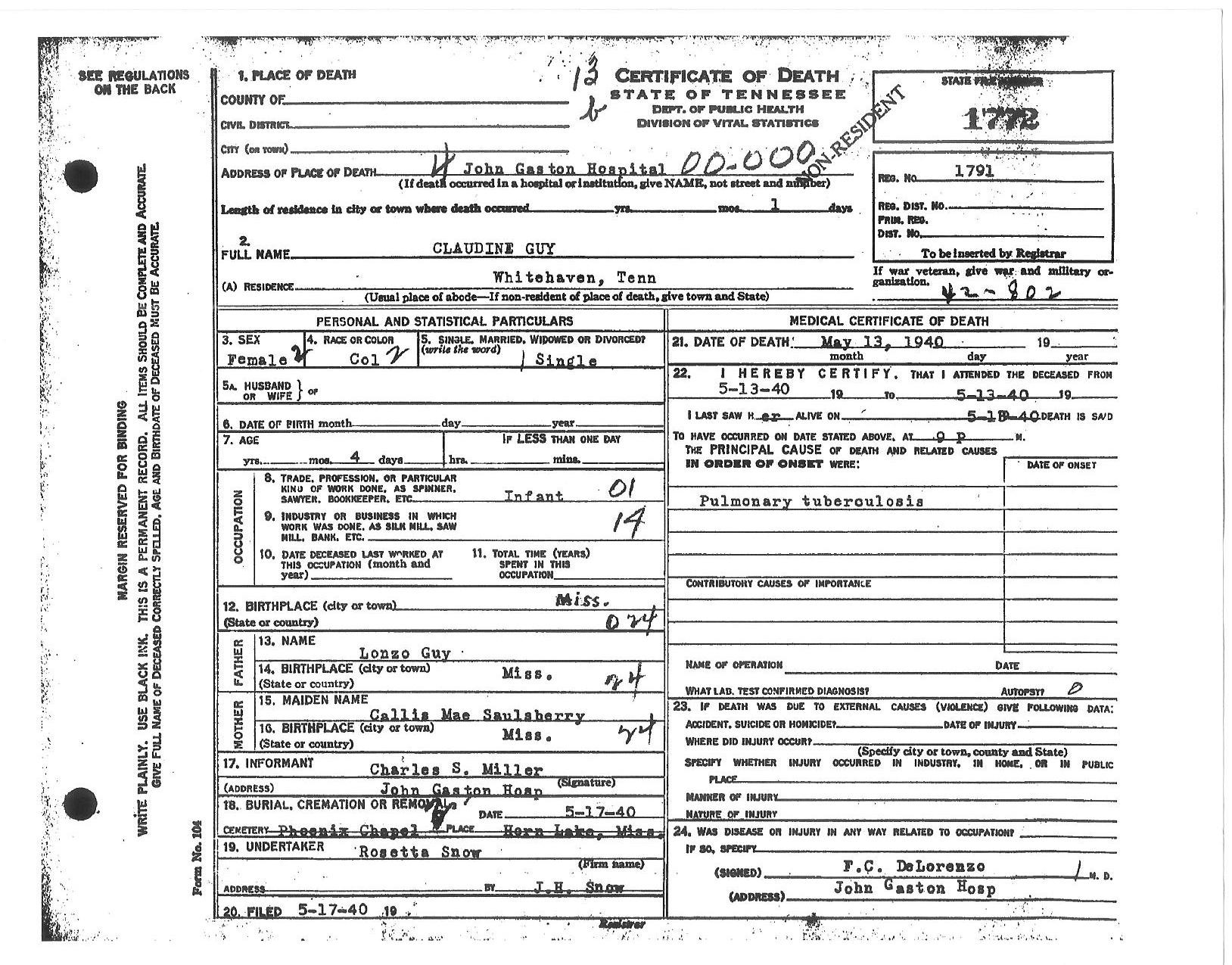 Claudine Guy's Death Certificate