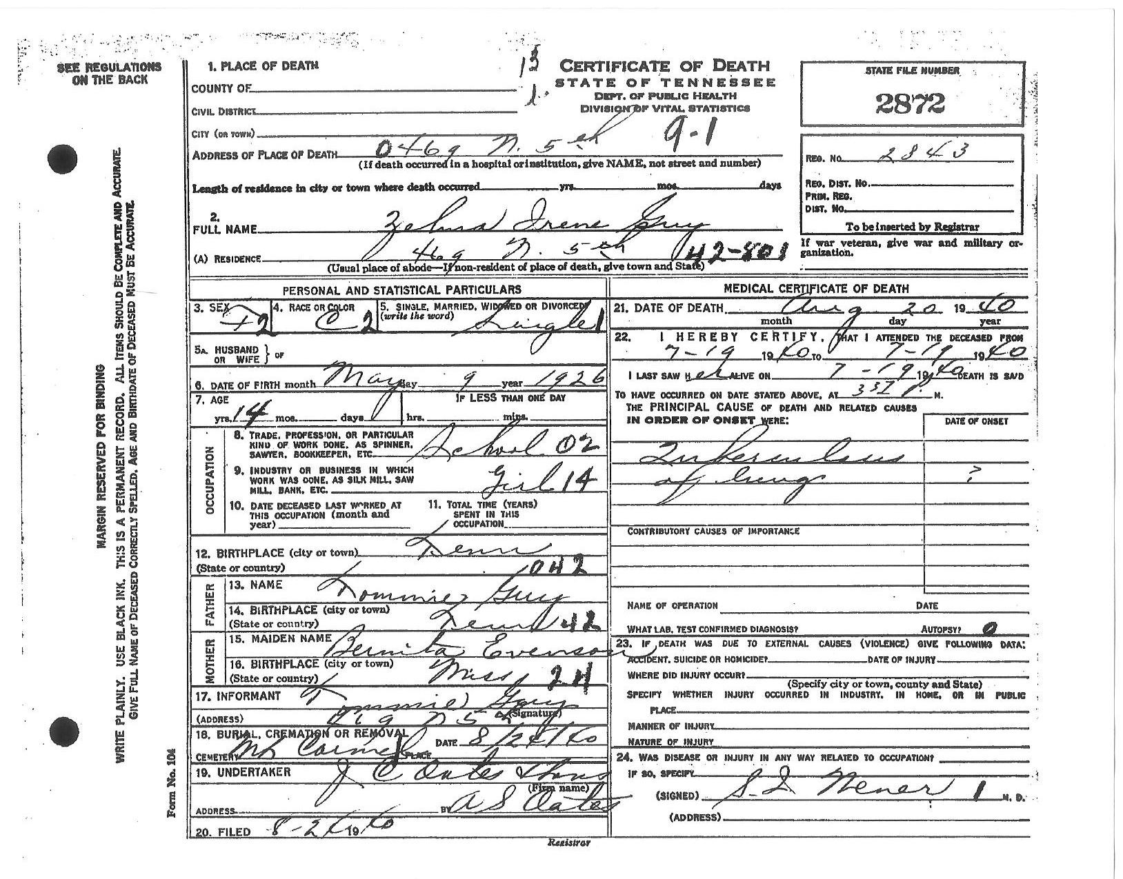 Zelma Irene Guy's Death Certificate.