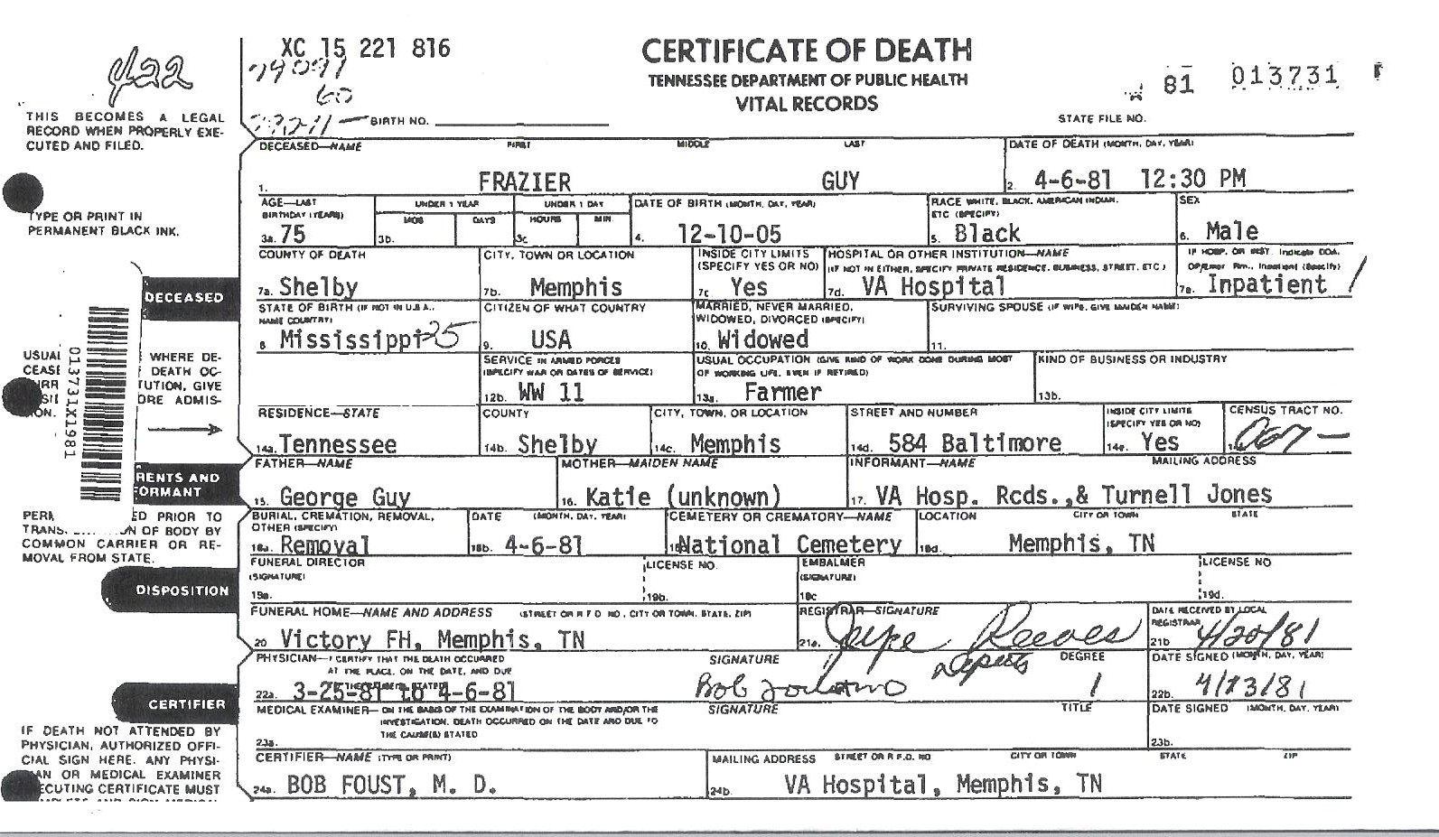 Frazier Guy's Death Certificate