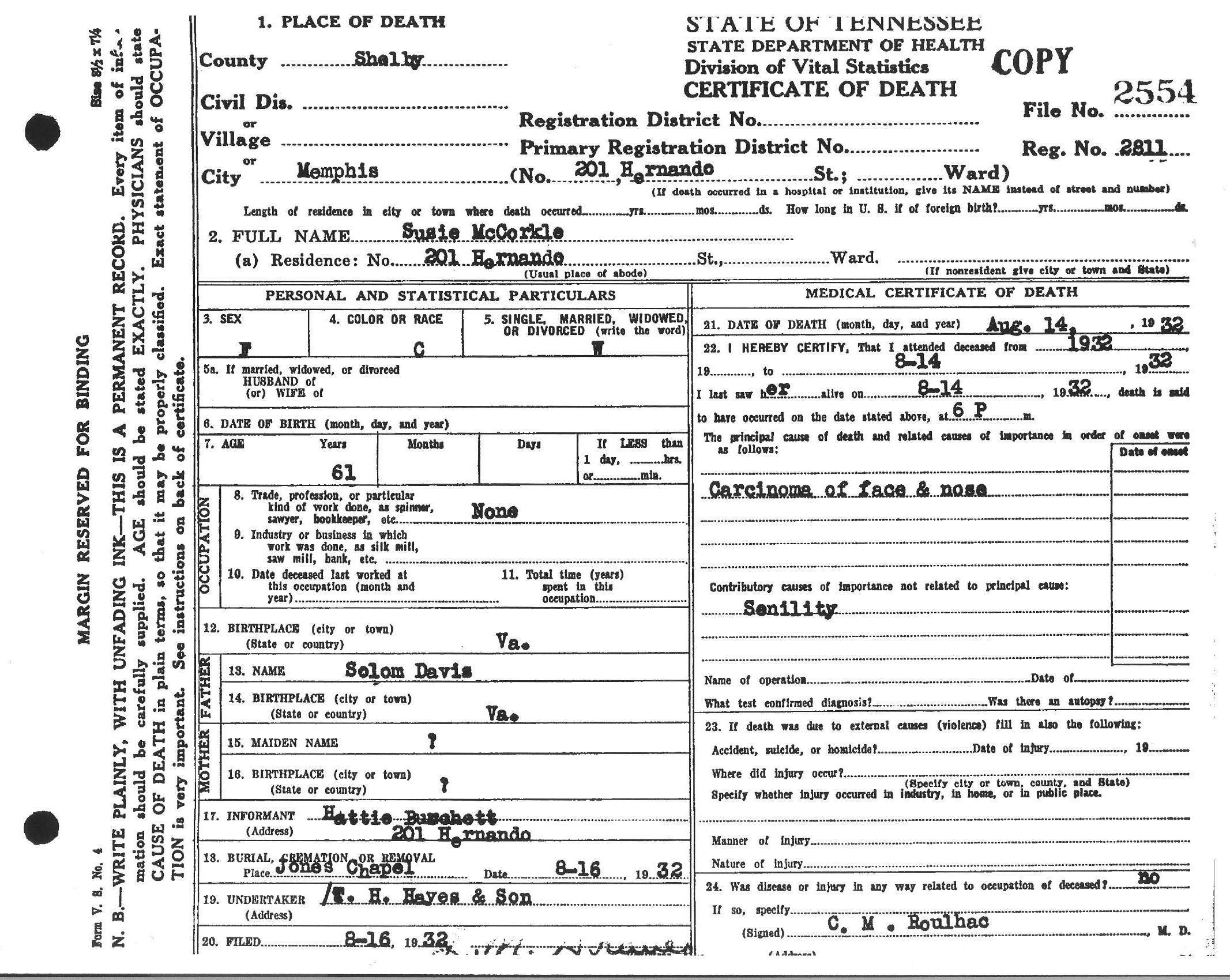 Susan (Susie) Davis-McCorkle's Death Certificate