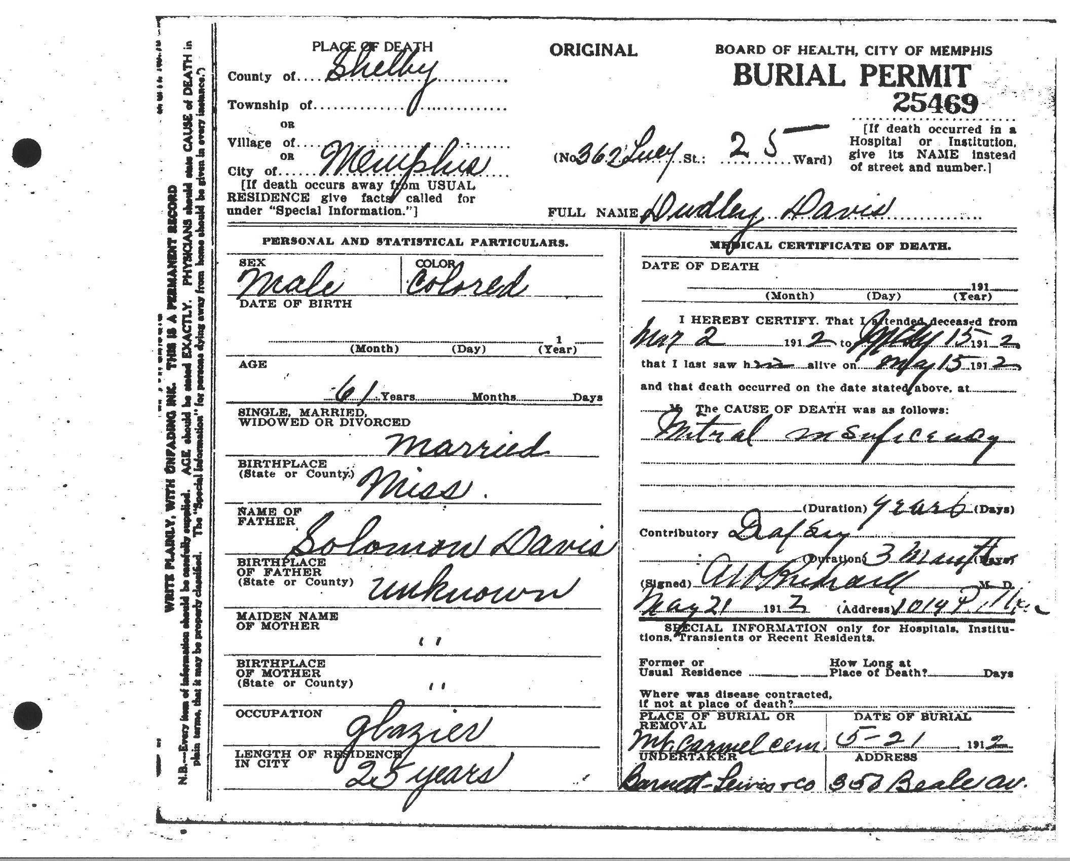 Dudley Davis' Death Certificate