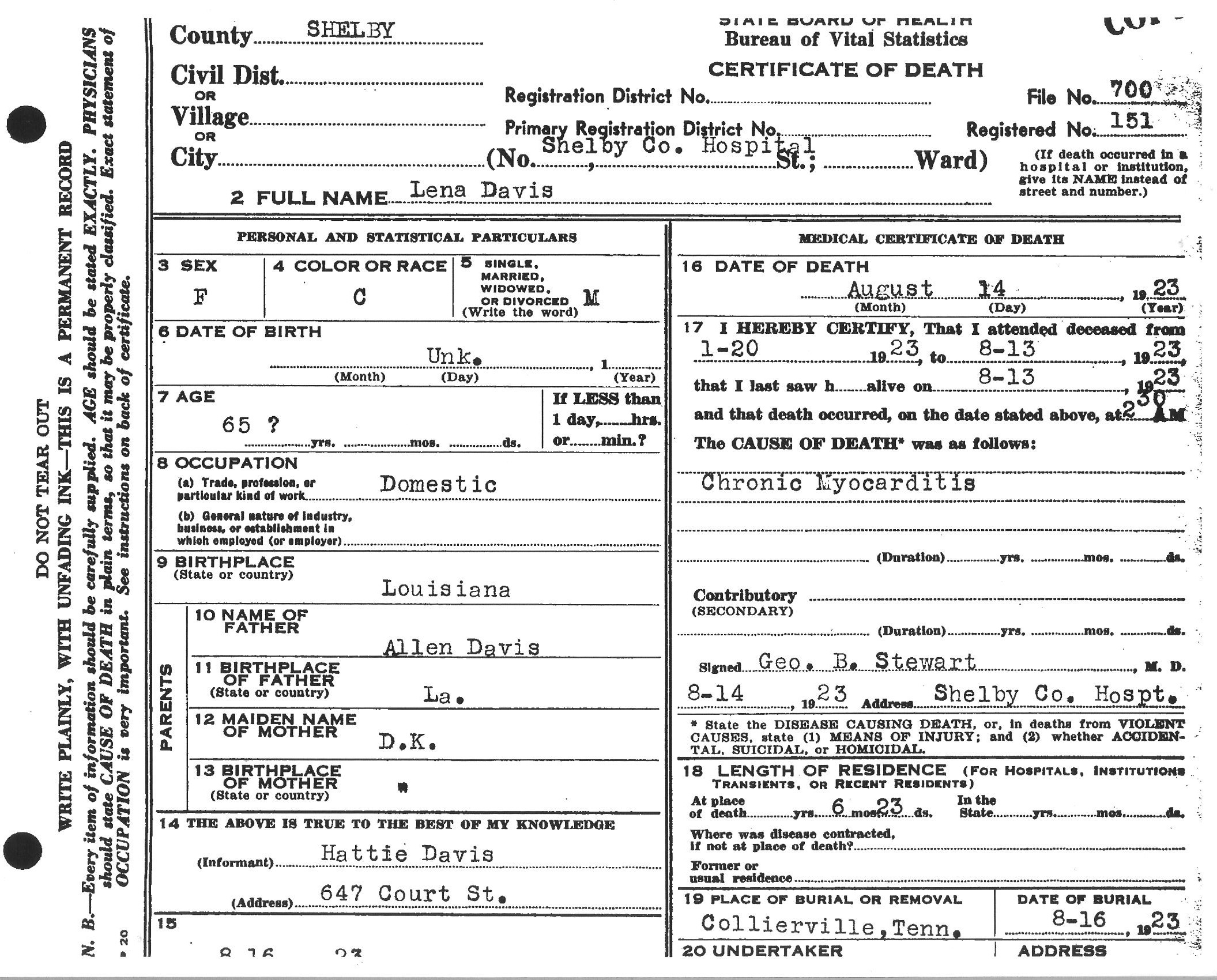 Lena Davis' Death Certificate