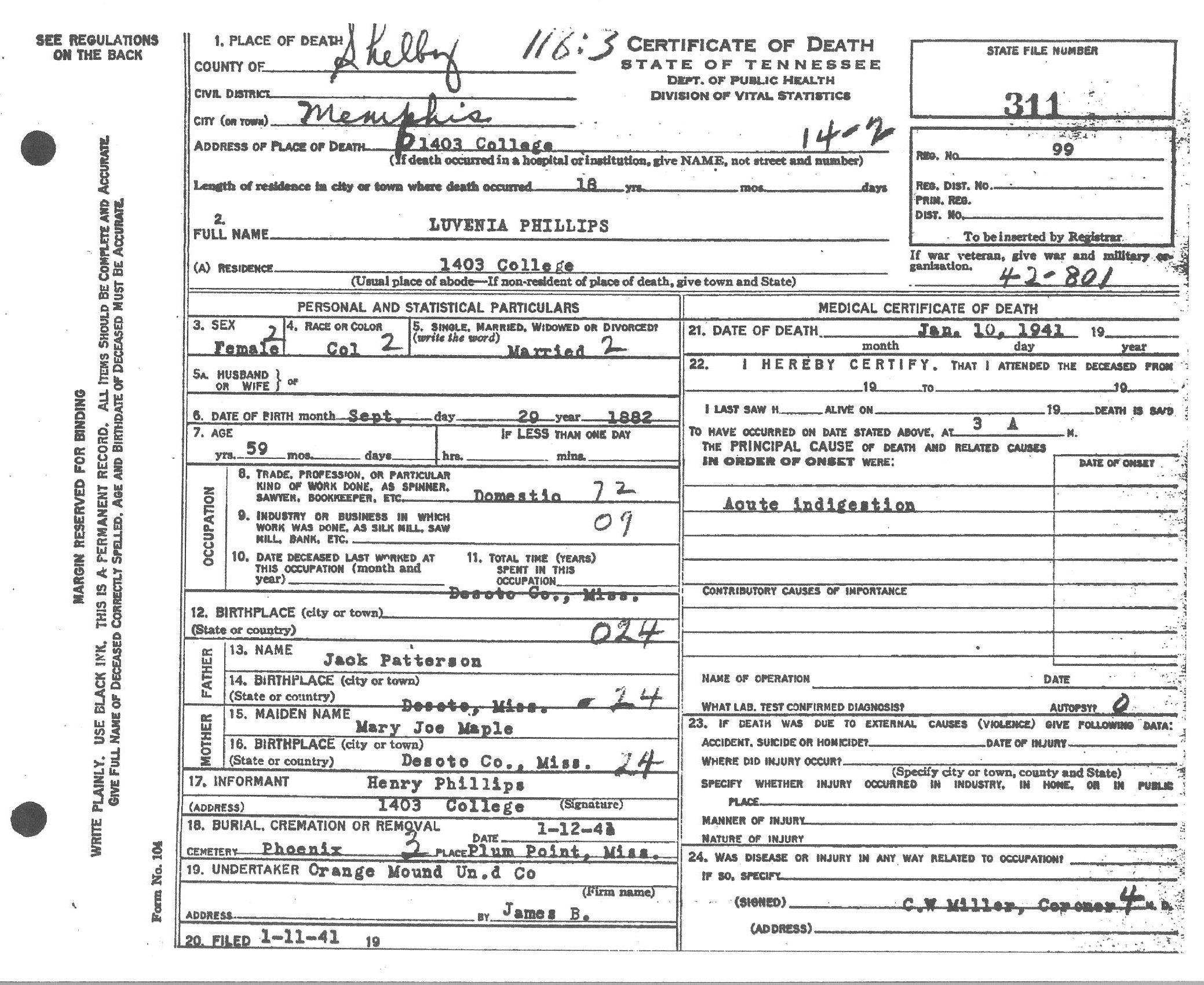Luvenia Patterson-Phillips' Death Certificate