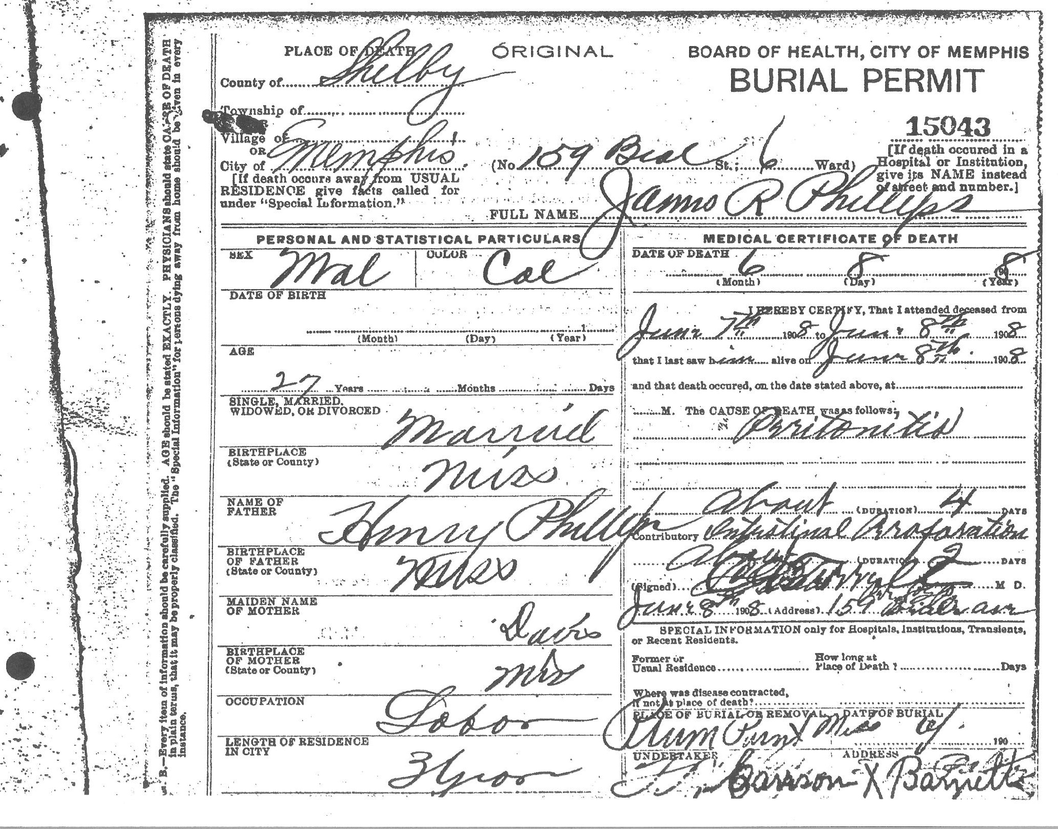 James R. Phillips' Death Certificate