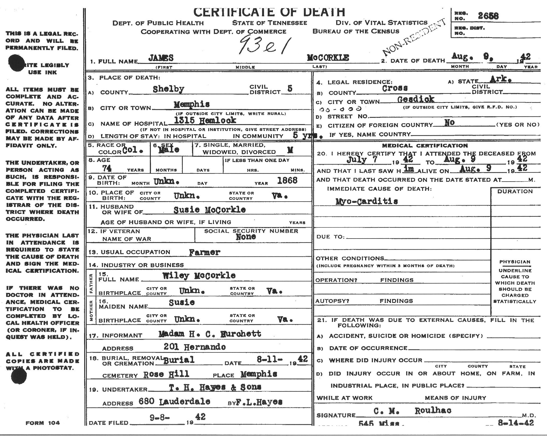 James P. McCorkle's Death Certificate