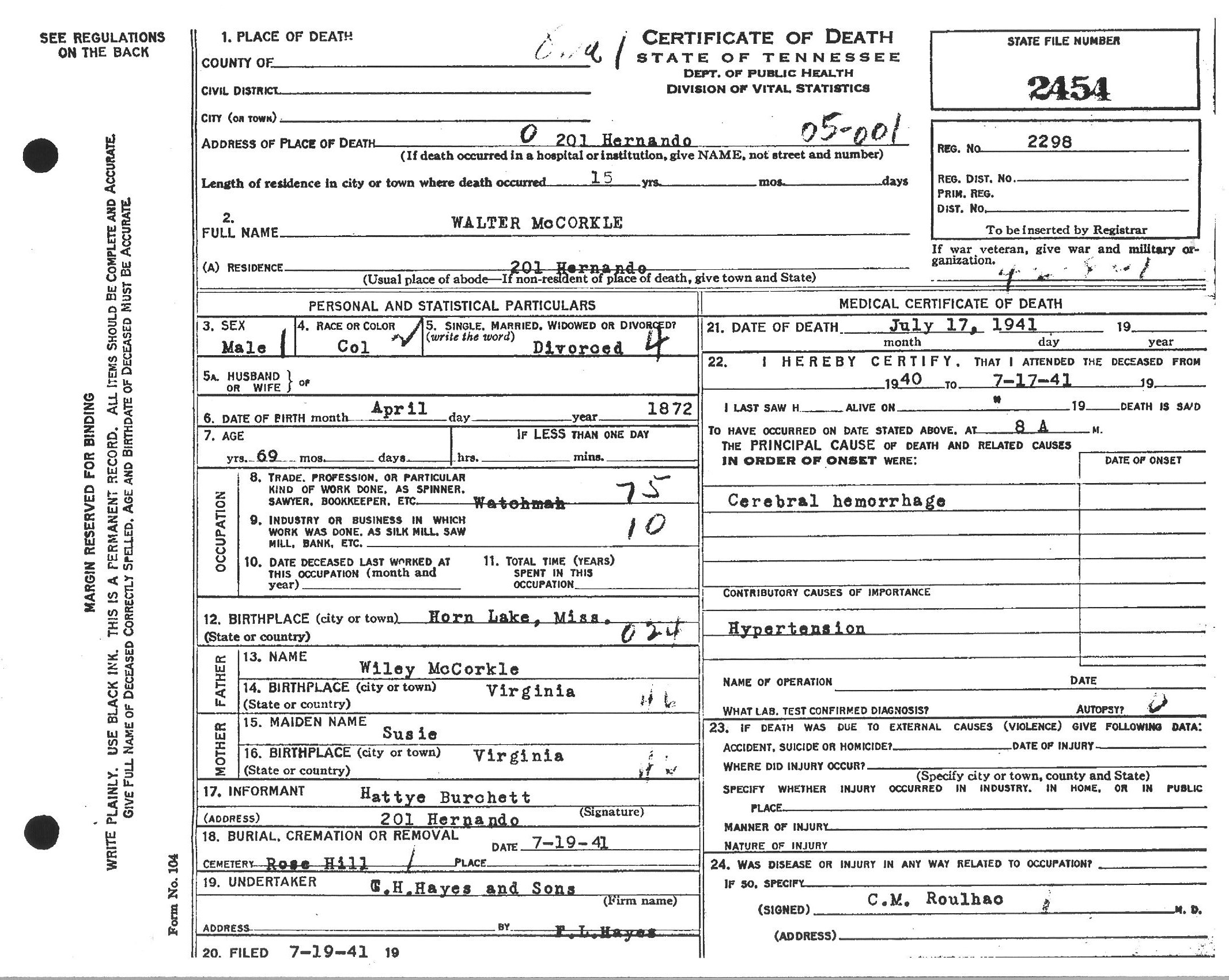 Walter McCorkle's Death Certificate
