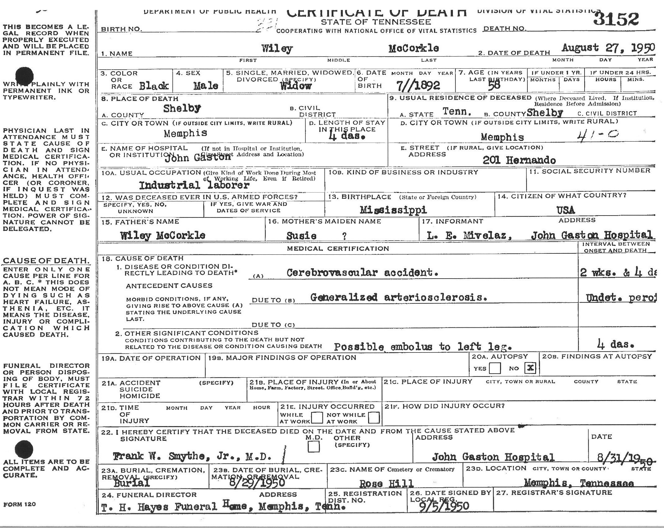 Wiley Holmes McCorkle Jr.'s Death Certificate