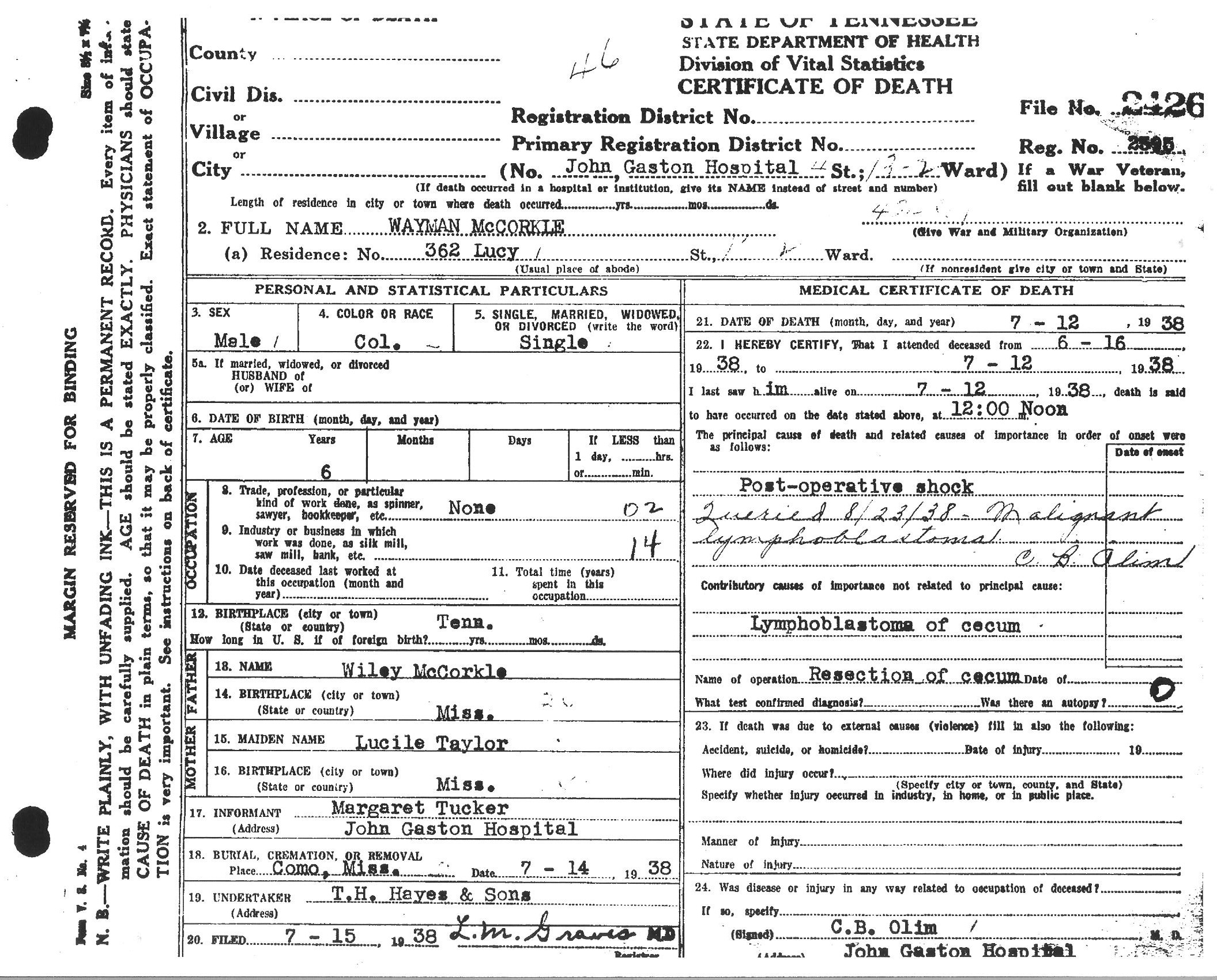 Wayman McCorkle's Death Certificate