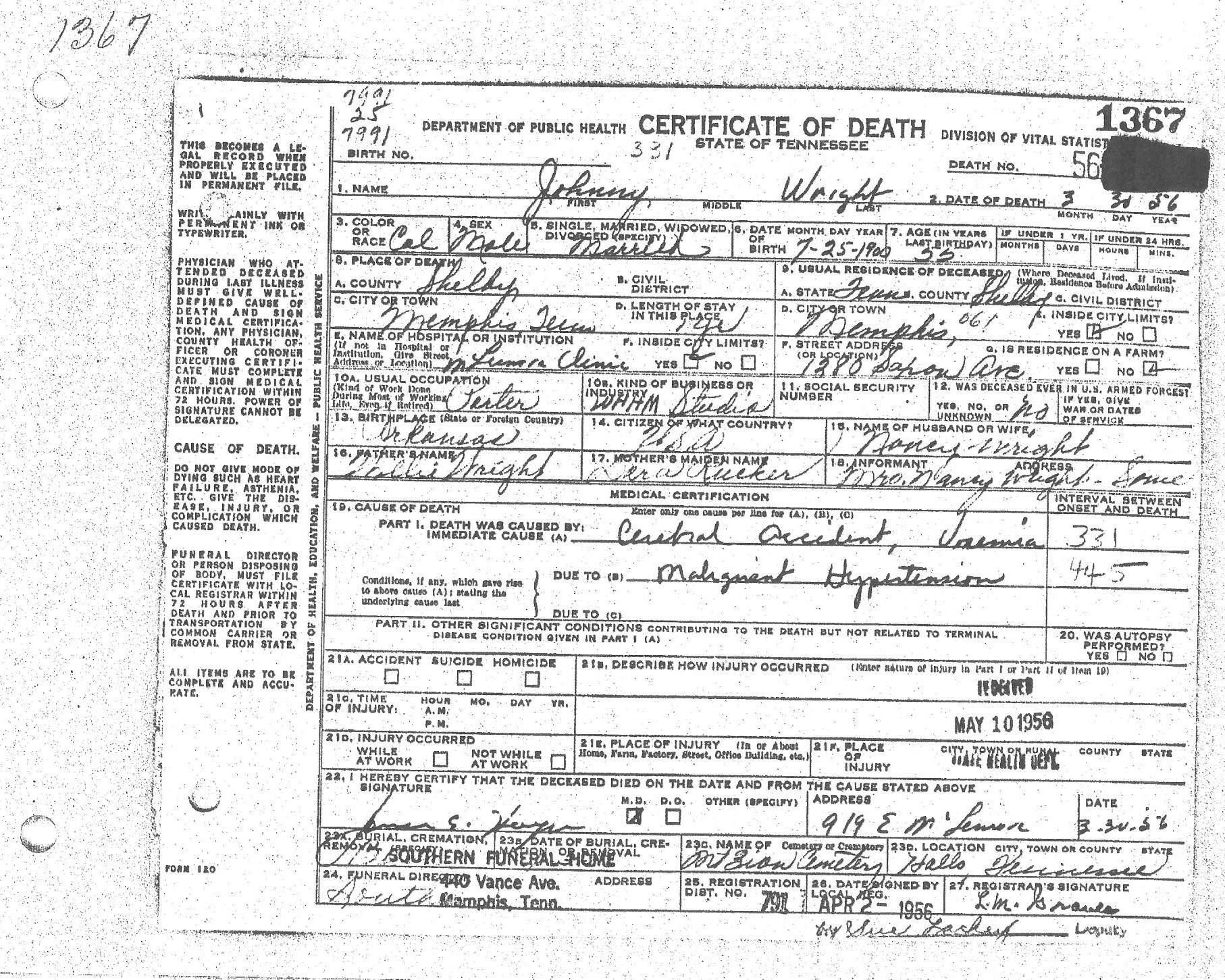 Johnny Wright's Death Certificate