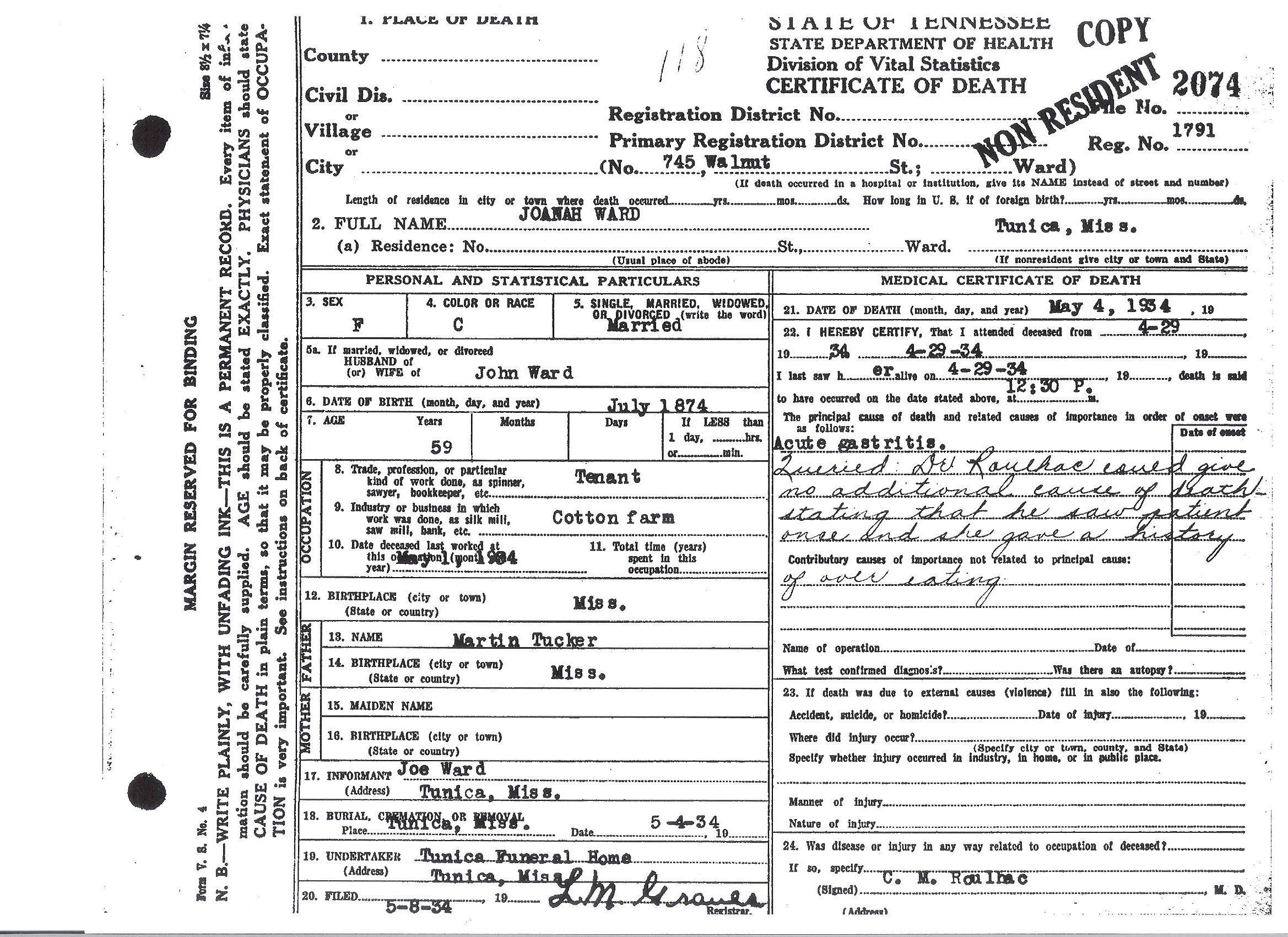 Joanna (Cheney) Tucker-Ward's Death Certificate.