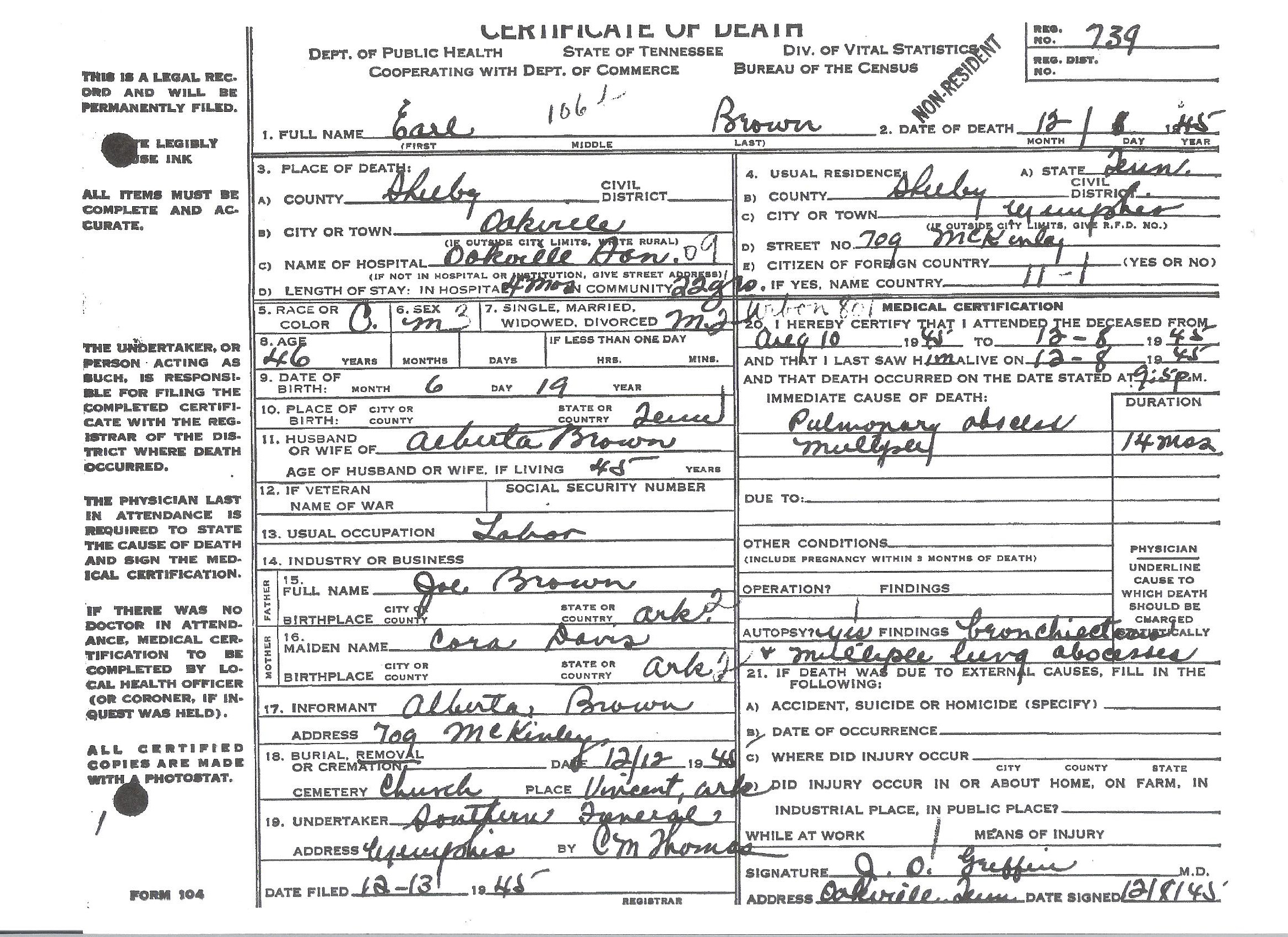 Earl Brown's Death Certificate.