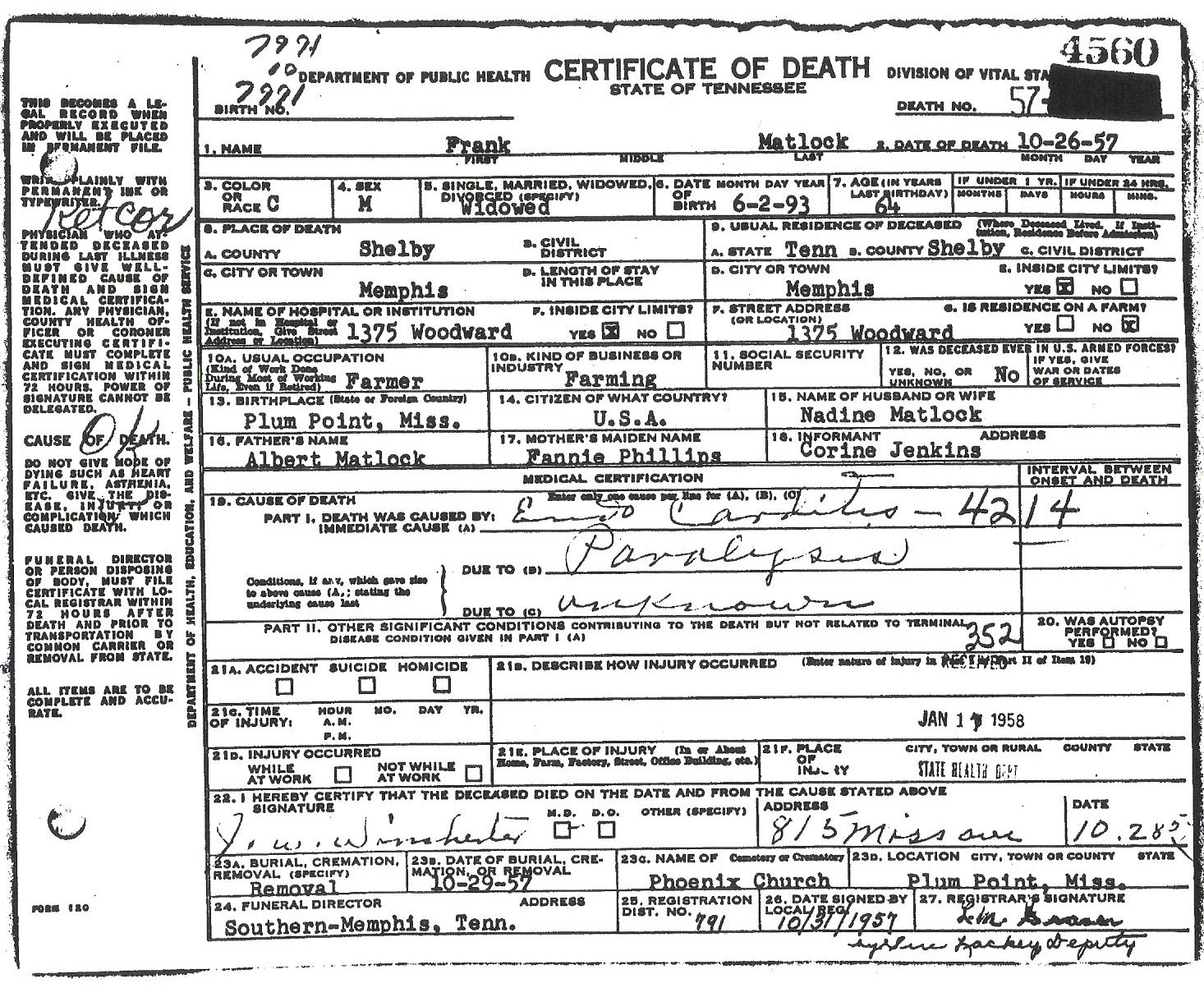 Frank Medlock Sr.'s Death Certificate