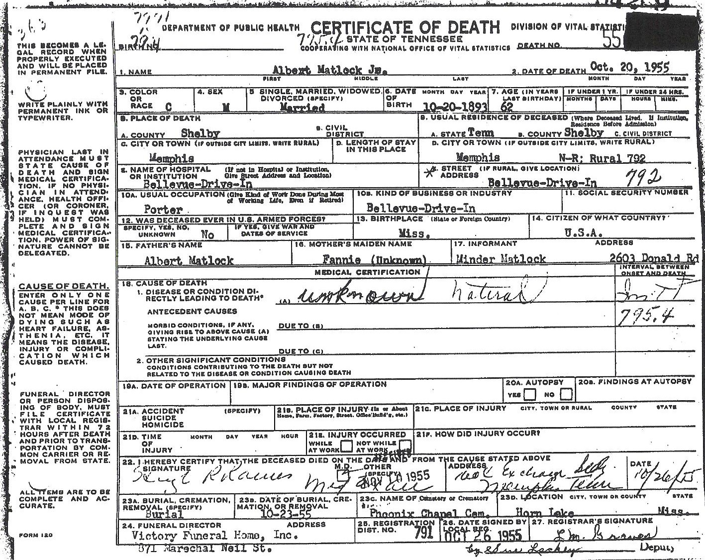 Albert Medlock Jr.'s Death Certificate