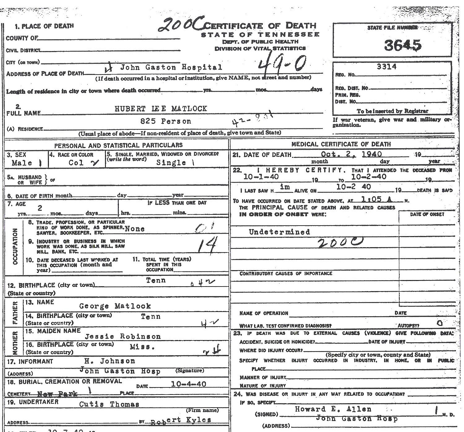 Hubert Lee Matlock's Death Certificate