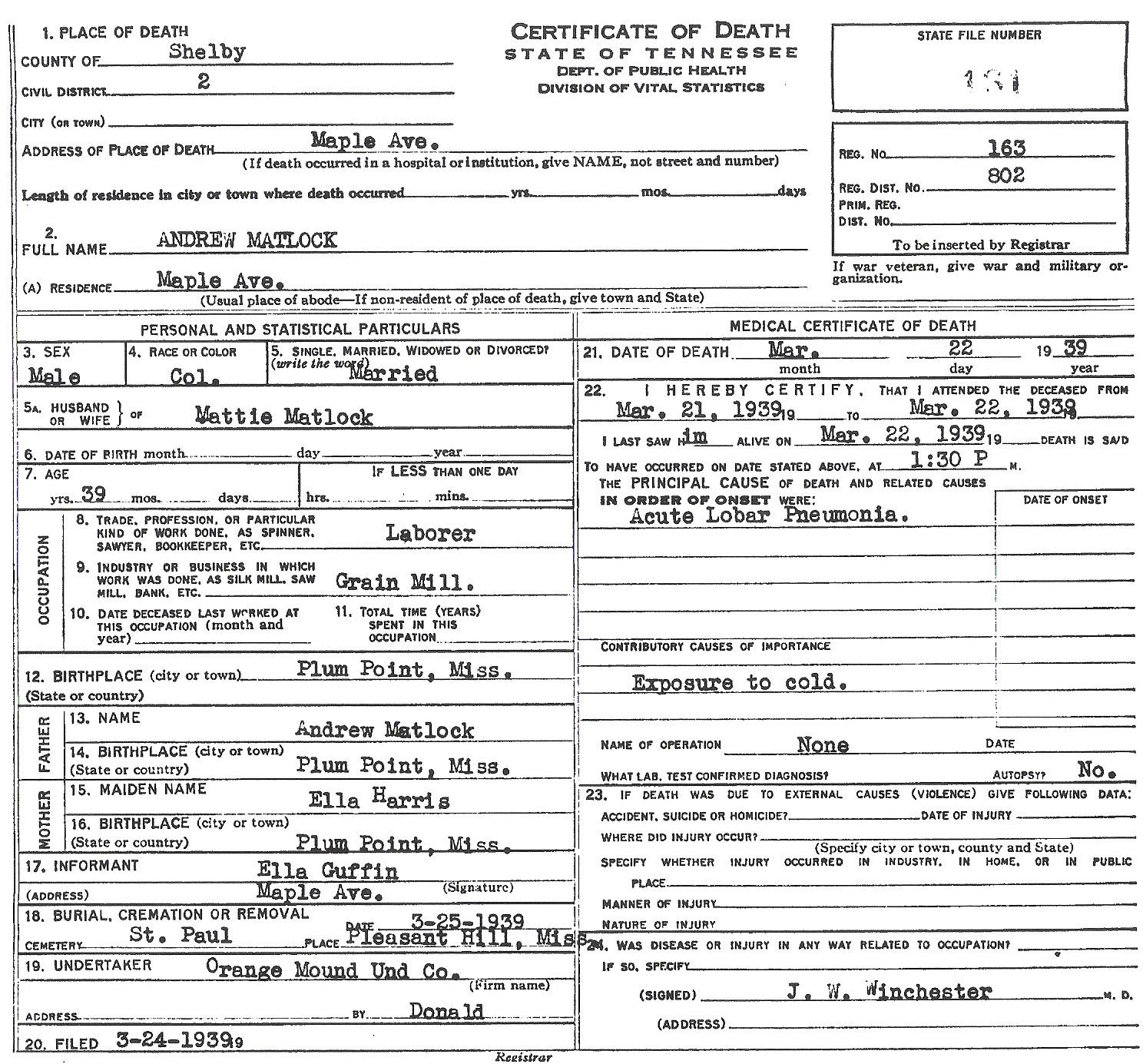 Andrew Matlock Jr.'s Death Certificate