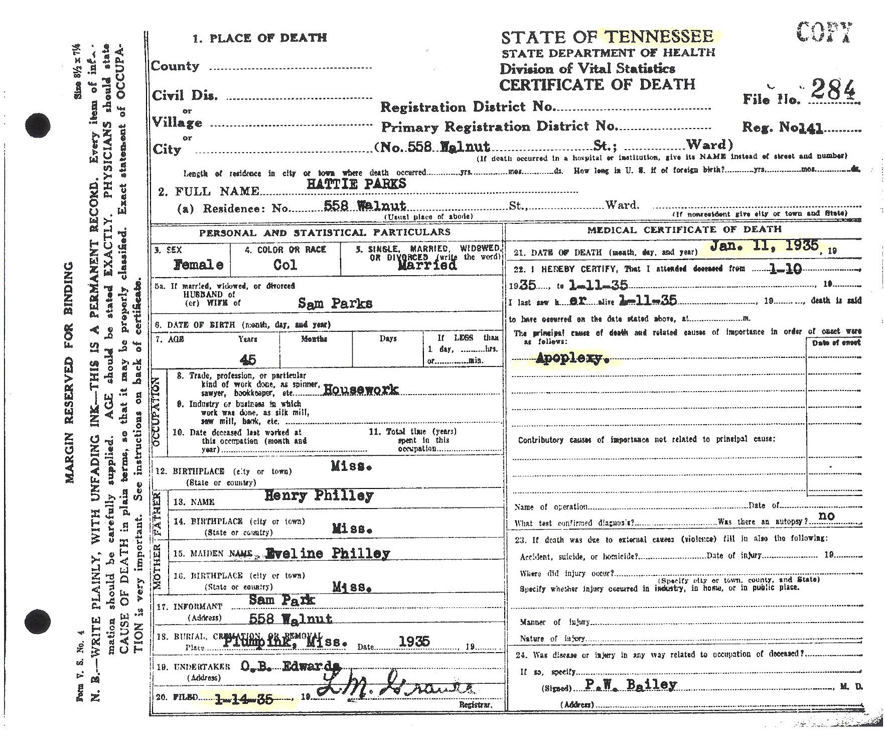 Hattie Phillips-Parks' Death Certificate