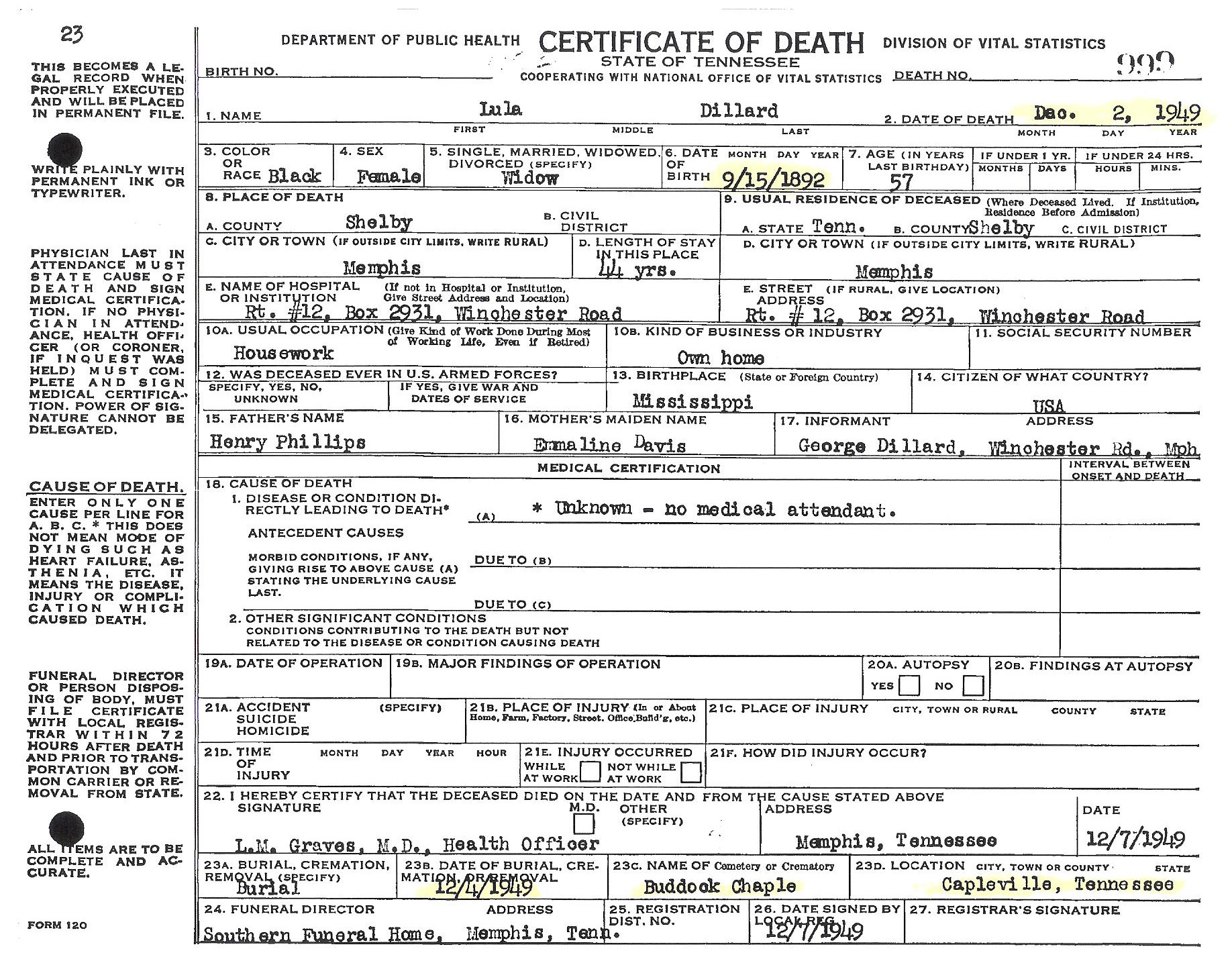 Lula Phillips-Dillard's Death Certificate