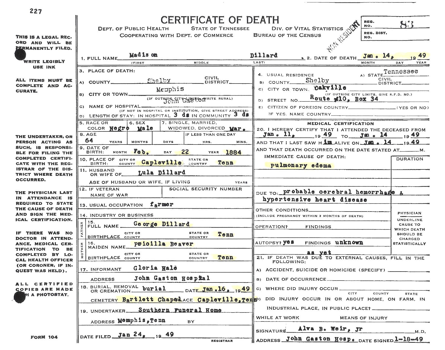 Madison Dillard's Death Certificate
