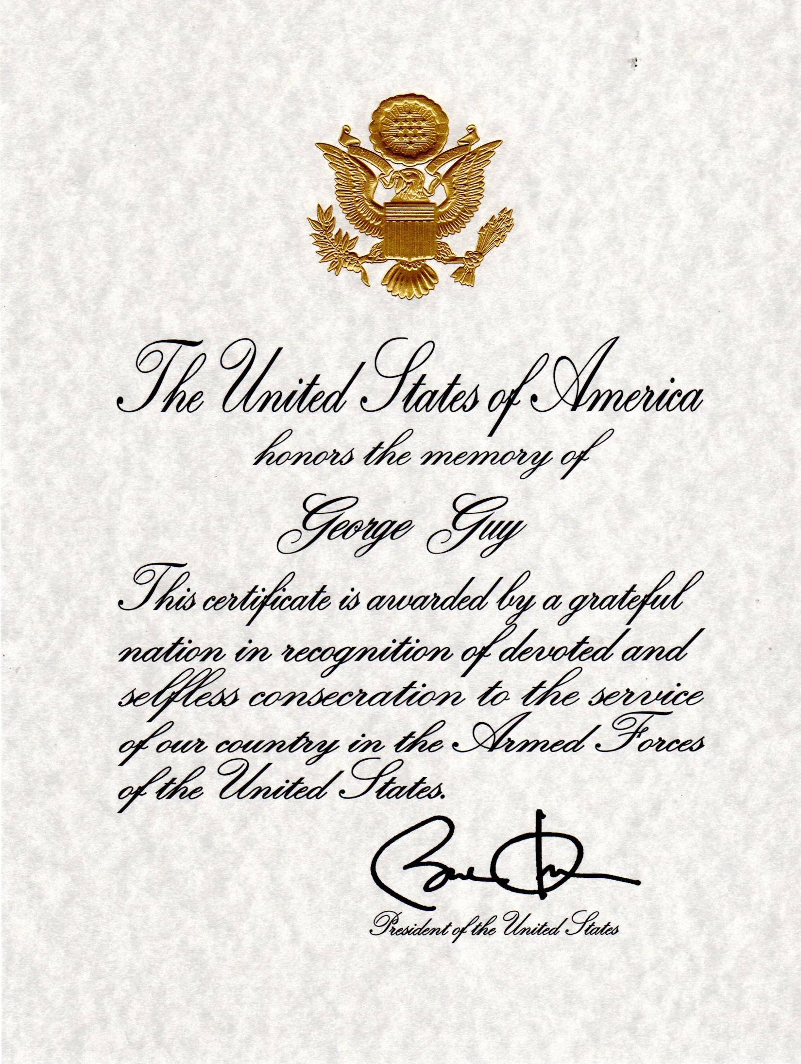 George Guy - Presidential Memorial Certificate
