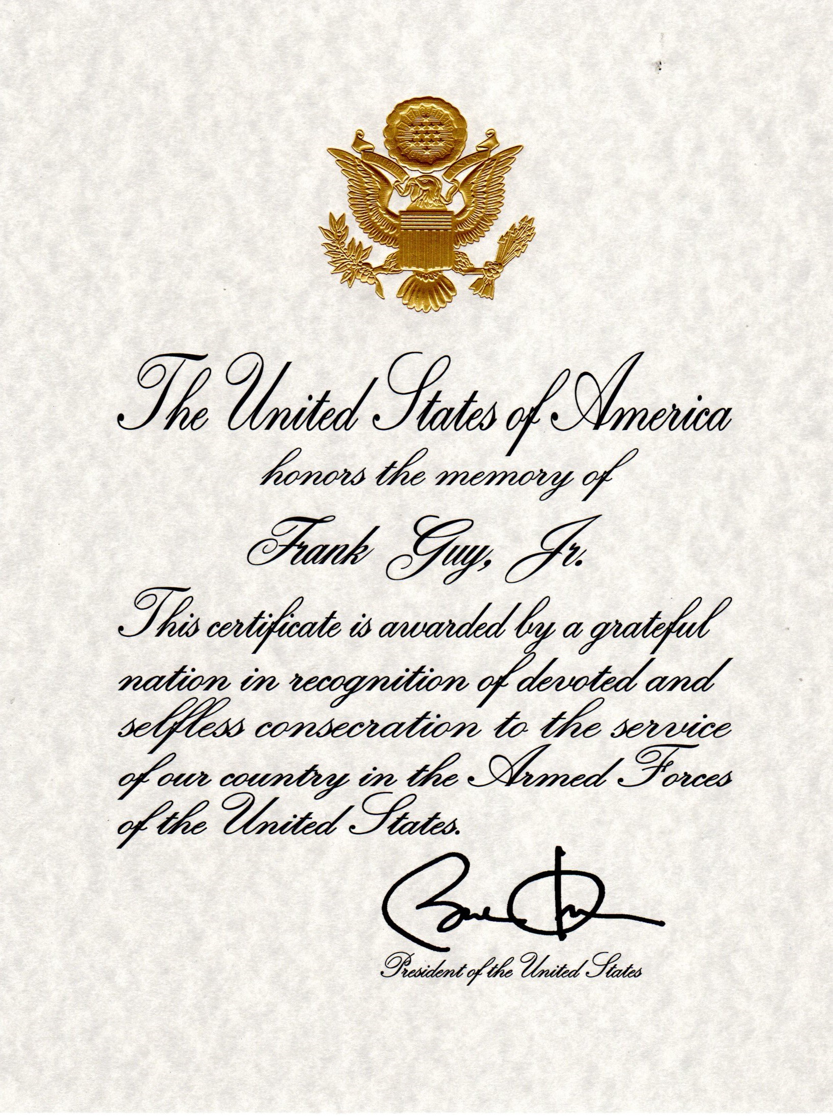 Frank Guy - Presidential Memorial Certificate