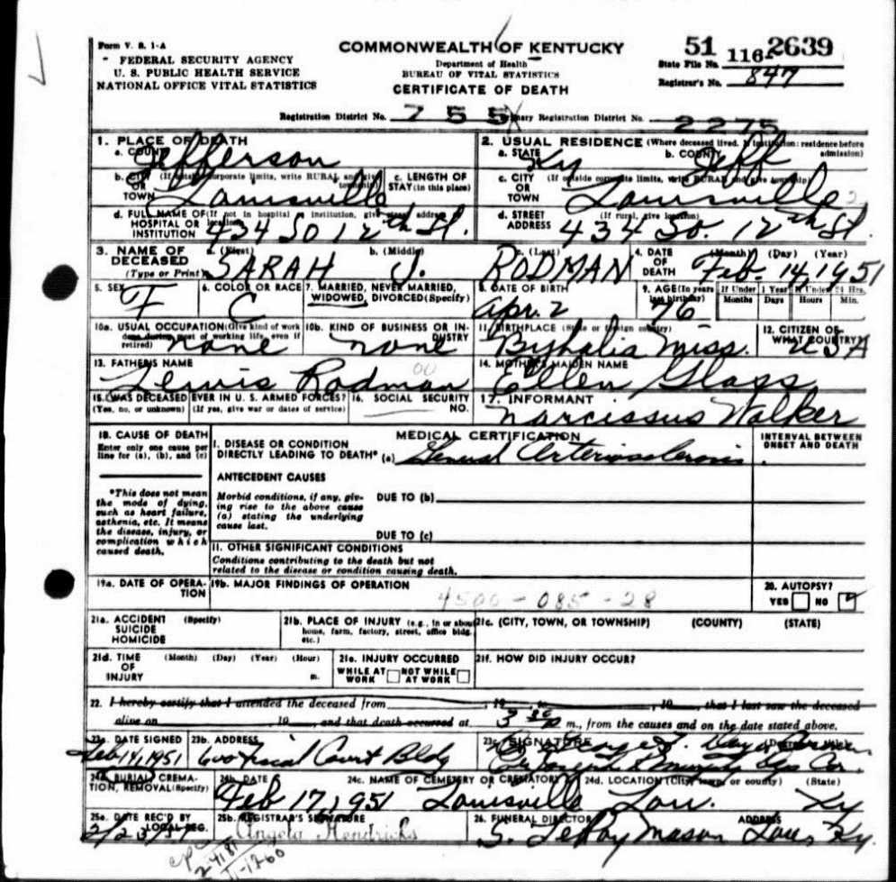 Sarah J. Rodman-Guy's Death Certificate