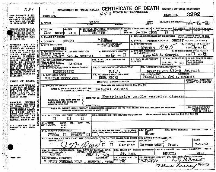 Major Guy Sr.'s Death Certificate